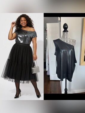 NWT Torrid Plus Size Liquid Shine Metallic Silver Off Shoulder Top. Size 1X.